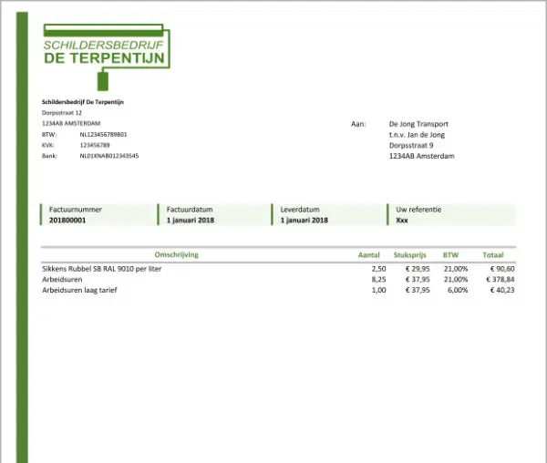 Afbeelding van de Excel factuurtemplate