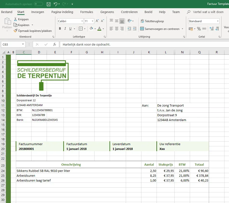 Screenshot van Excel factuurtemplate