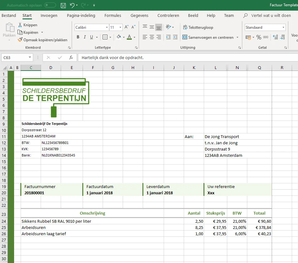Factuurtemplate in Excel bewerken